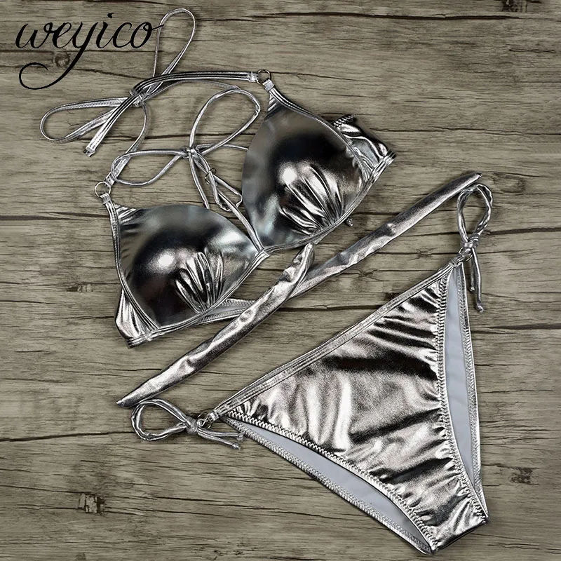 Бикини с пуш ап 2020 женский сексуальный купальник светоотражающий серебристо