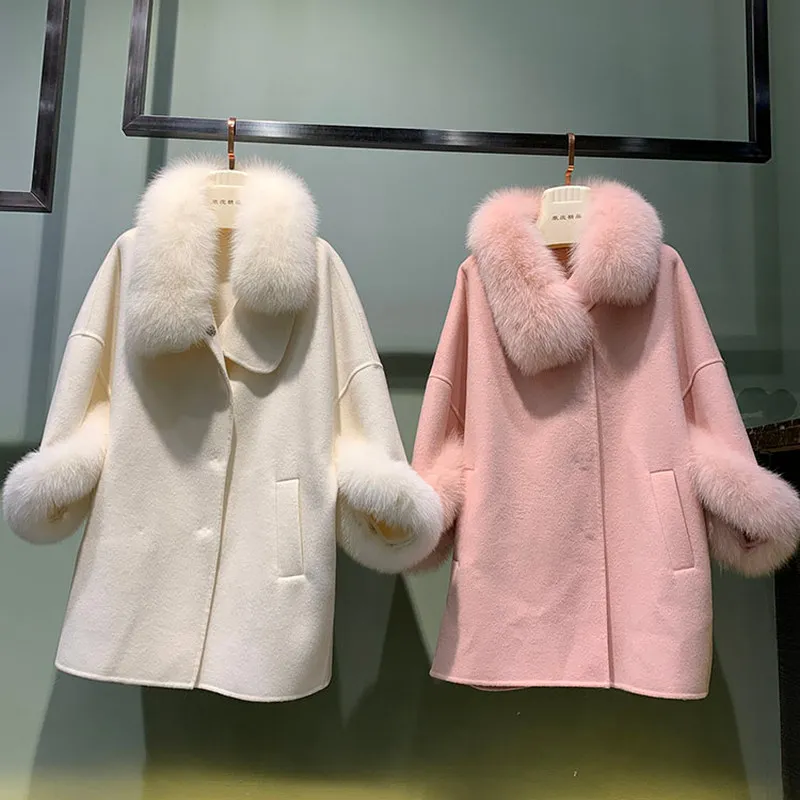 

2021 Autumn and Winter New North Snow Fox Double-Sided Wool Overcoat Mid-Length Fox Fur Collar Detachable