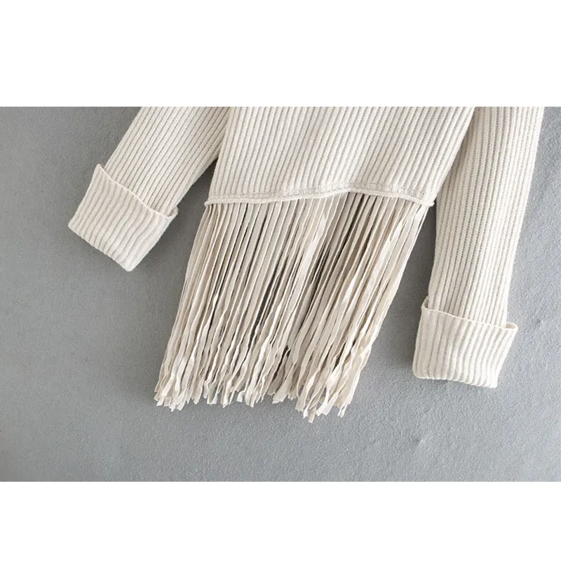 

Nlzgmsj Za Sweater Women Autumn winter Solid color tassels knitted sweater O-Neck Long sleeve sweater pullover Knitted top