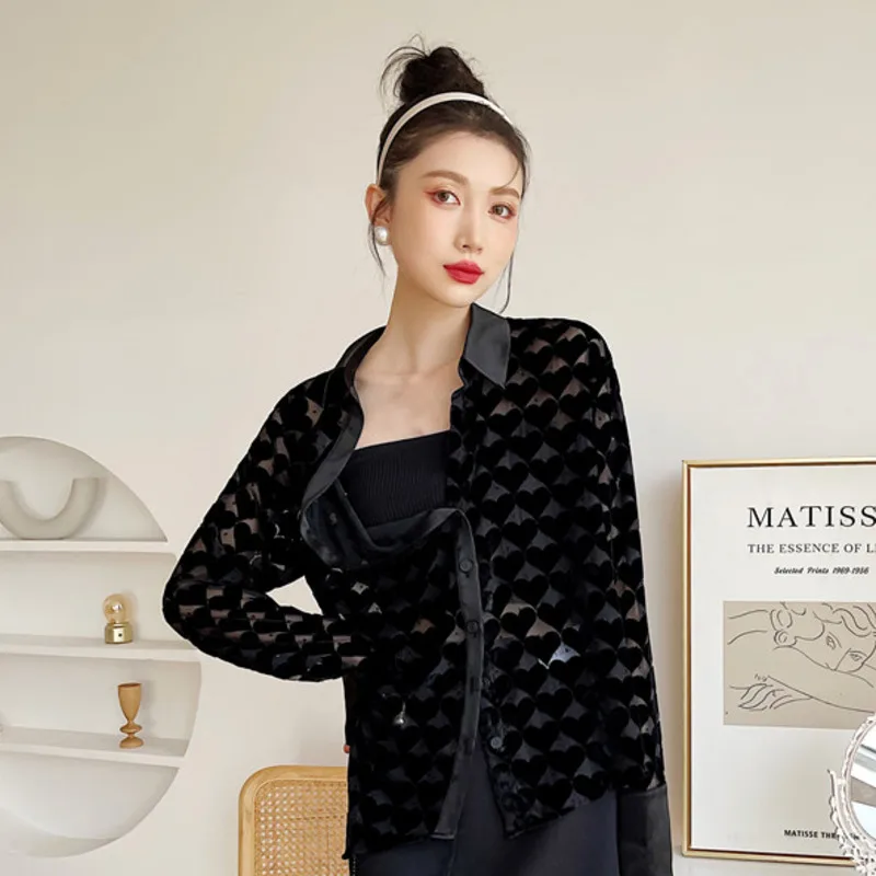 

LANMREM Women Black Translucent Blouse Lapel Long Sleeve Loose Fit Lady Shirt Fashion Tide Summer 2021 New Arrivals 2E1886