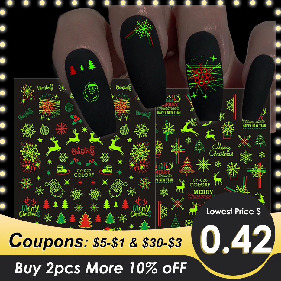 

Merry Christmas Luminous Nail Stickers Fluorescent Xmas Winter Sliders for Nails Charms Glow in Dark Manicure Decals BECY019-027