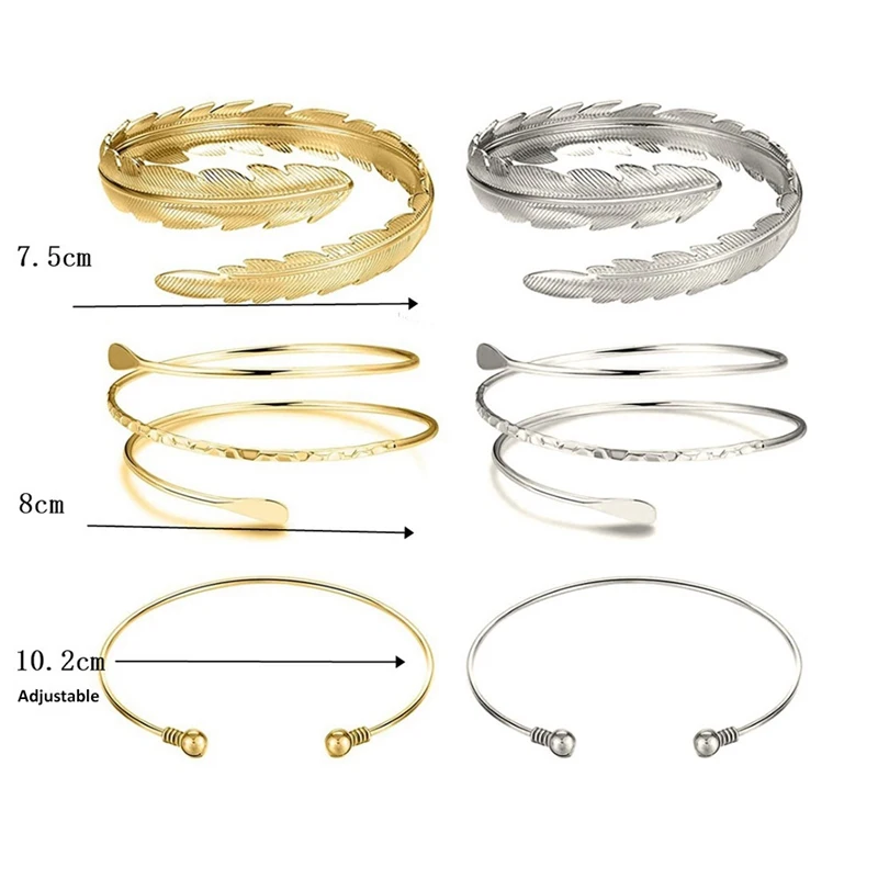 

6Pcs Arm Bangle Set Adjustable Upper Arm Cuff Set Arm Bracelets Metal Punk Spiral Arm Bracelet Swirl Leaf Feather Arm Bangle