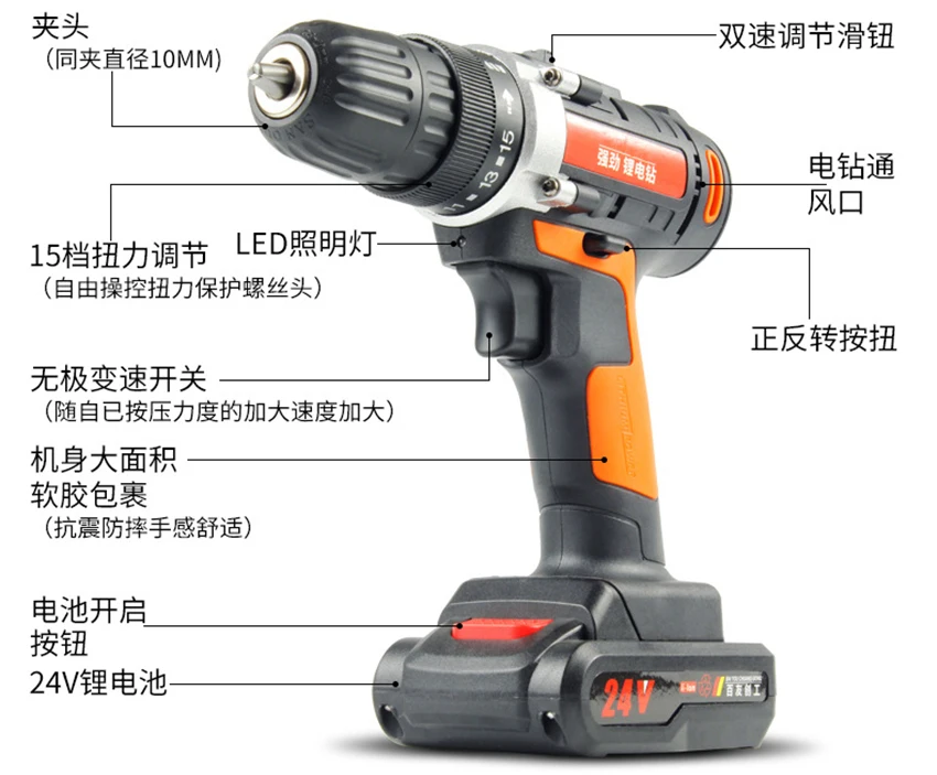 24V Профессиональный Аккумуляторный Перезаряжаемые электрическая дрель дома эргономичный дизайн съемный литий Батарея Мощность ударных дрелей