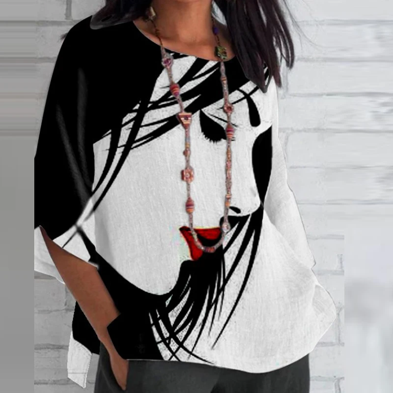

Рубашка женская с абстрактным принтом лица и круглым вырезом, повседневный Свободный пуловер в стиле ретро, топ с коротким рукавом в стиле Х...