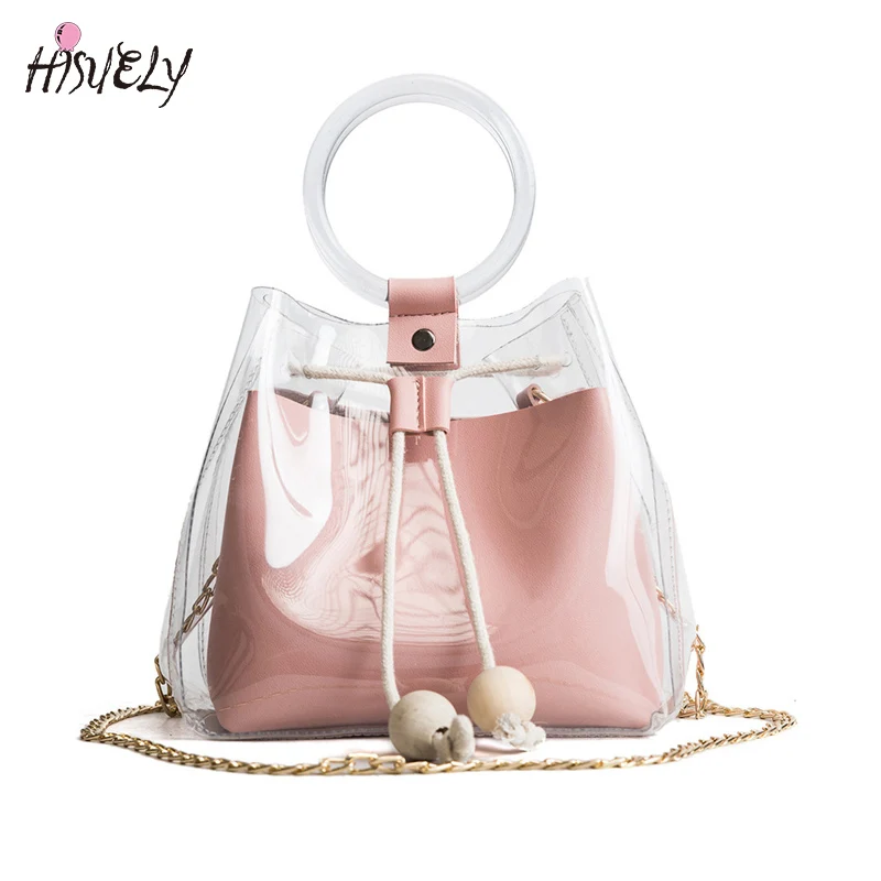 

HISUELY Women Transparent Bag Tote For Teenage Girls Drawstring Jelly Bag Circle Handle PVC Bucket Shoulder Bag Handbag Chain
