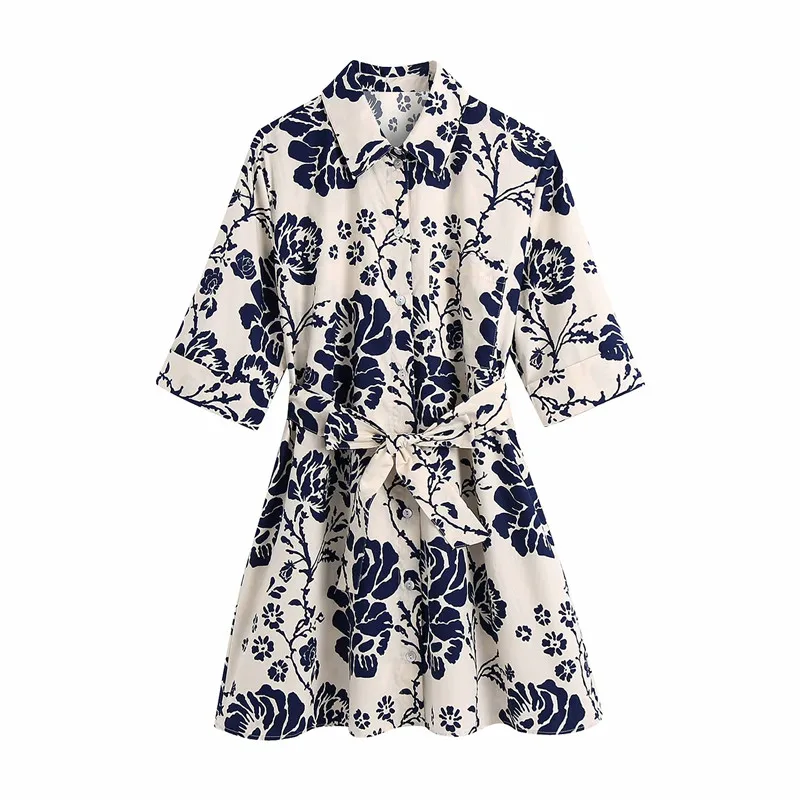 

Женское мини-платье с поясом Evfer, элегантное платье с цветочным принтом, коротким рукавом, высокой талией и отложным воротником