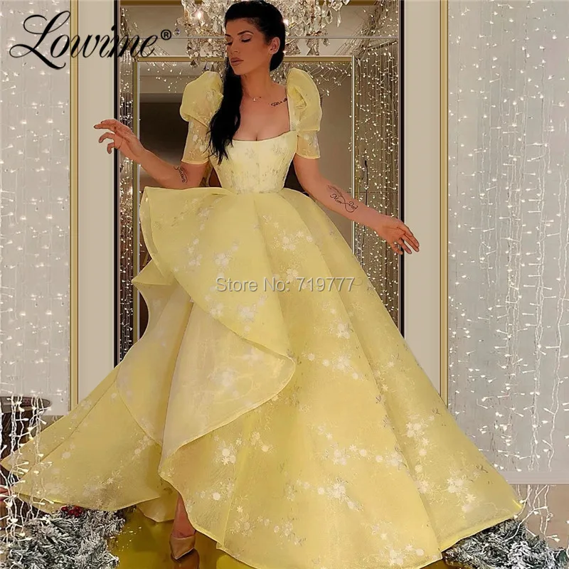 Yellow High Low Prom Dresses Square Neckline Short Sleeves Evening Dress 2020 Wedding Party Gowns Robe De Soiree Formal Dresses