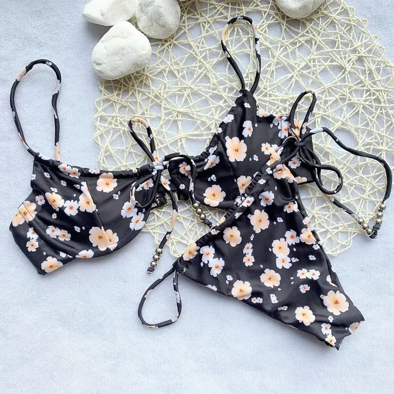 

QINJOYER Bikini Women Floral Print Swimsuit Two Pieces Swimwear Underwire Bikini Women 2021 Bathing Suit Thong Bikini Set String