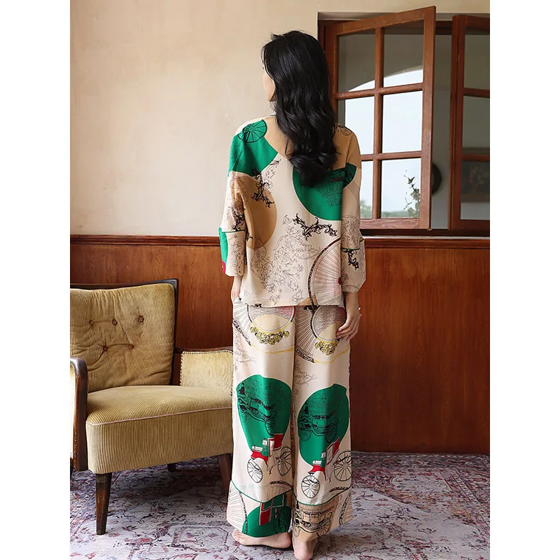 Printed Pajamas Women's Ice Silk New Two-piece Pants with Seven Sleeves