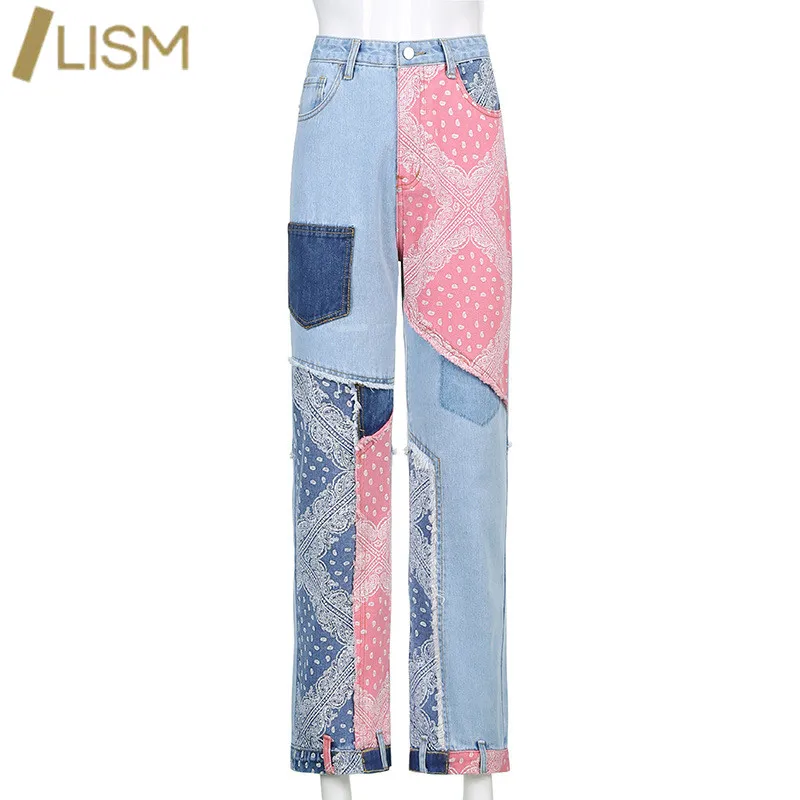

Pockets Patchwork High Waist Jeans Women Streetwear Straight Jean Femme Blue 60% Cotton Cargo Pants Washed Boyfriend Jeans