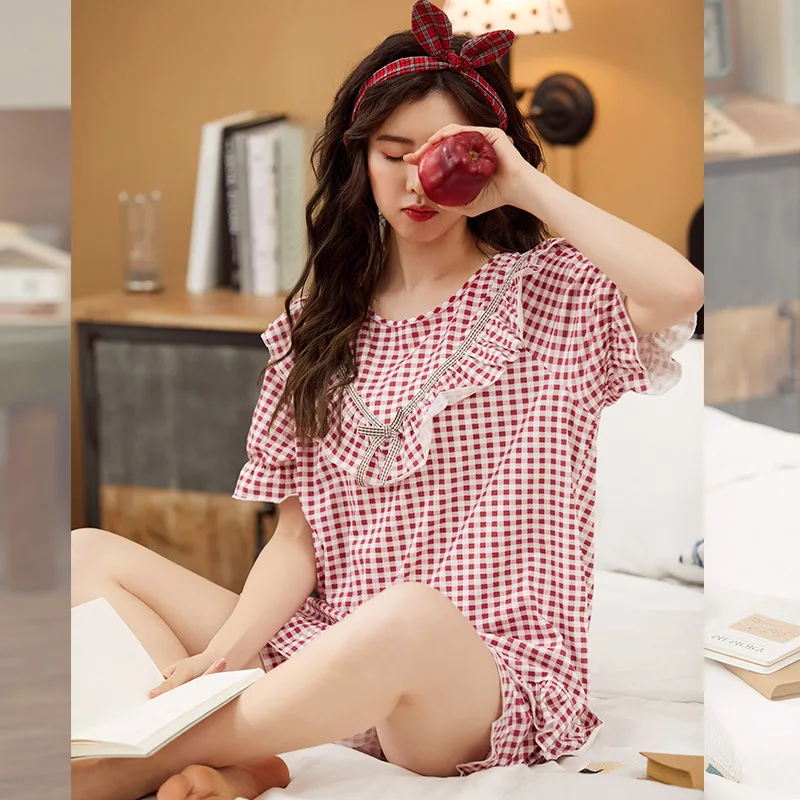 

Women Fashion Ruffle Sleepwear Casual Mori Girls Outwear Short Sleeve Home Suit Korean Vintage Avocado Green Plaid Pajamas Set