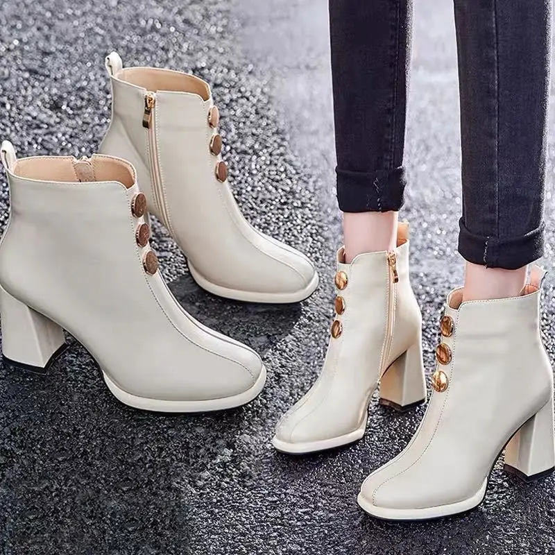 

Waterproof Platform High-heeled Martin Boots Women Wild Fashion Short Boots Thick Heel White Boots Warm Women's Boots Short Tube