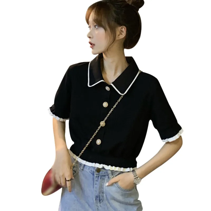 

Women T-shirts Patchwork Button Knit Lapel Short-sleeved Tee Lady Summer Casual Sexy Slim Ruffled Tops Clothing