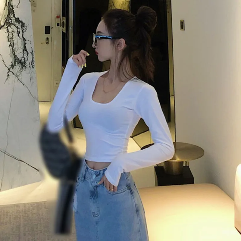 Модная женская однотонная хлопковая Повседневная футболка с длинным рукавом