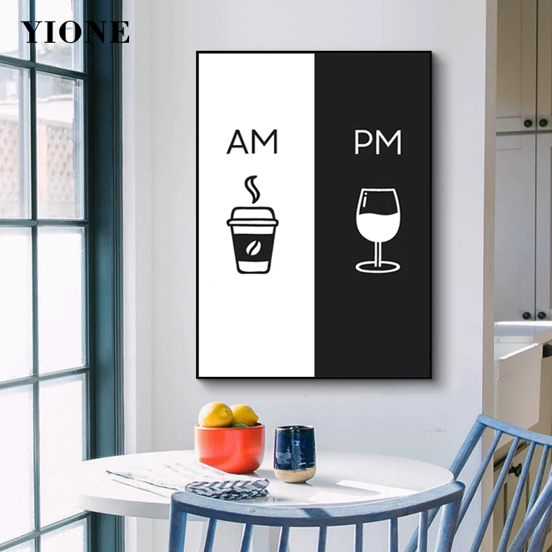 

Nordic Art Am Coffee PM Wine Canvas Painting Custom Black White Drink Restaurant Kitchen Poster Print Wall Picture Decoration