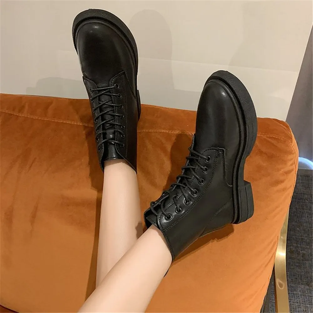 Ankle Boots Women Fashion Leather Lace-Up Round Toe Lady Square Heel Motorcycle Booties Autumn Platform Shoes Beige Black 35-40
