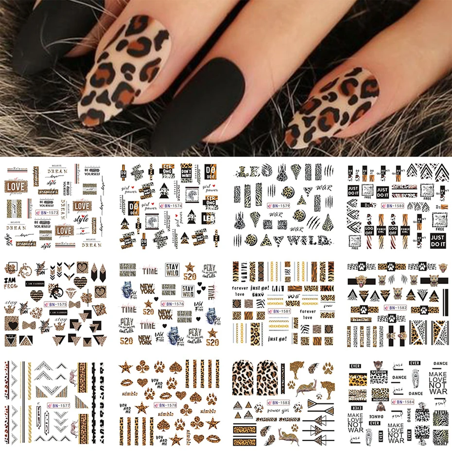 12 шт. леопардовые сексуальные наклейки с животными для ногтей дизайн букв водное