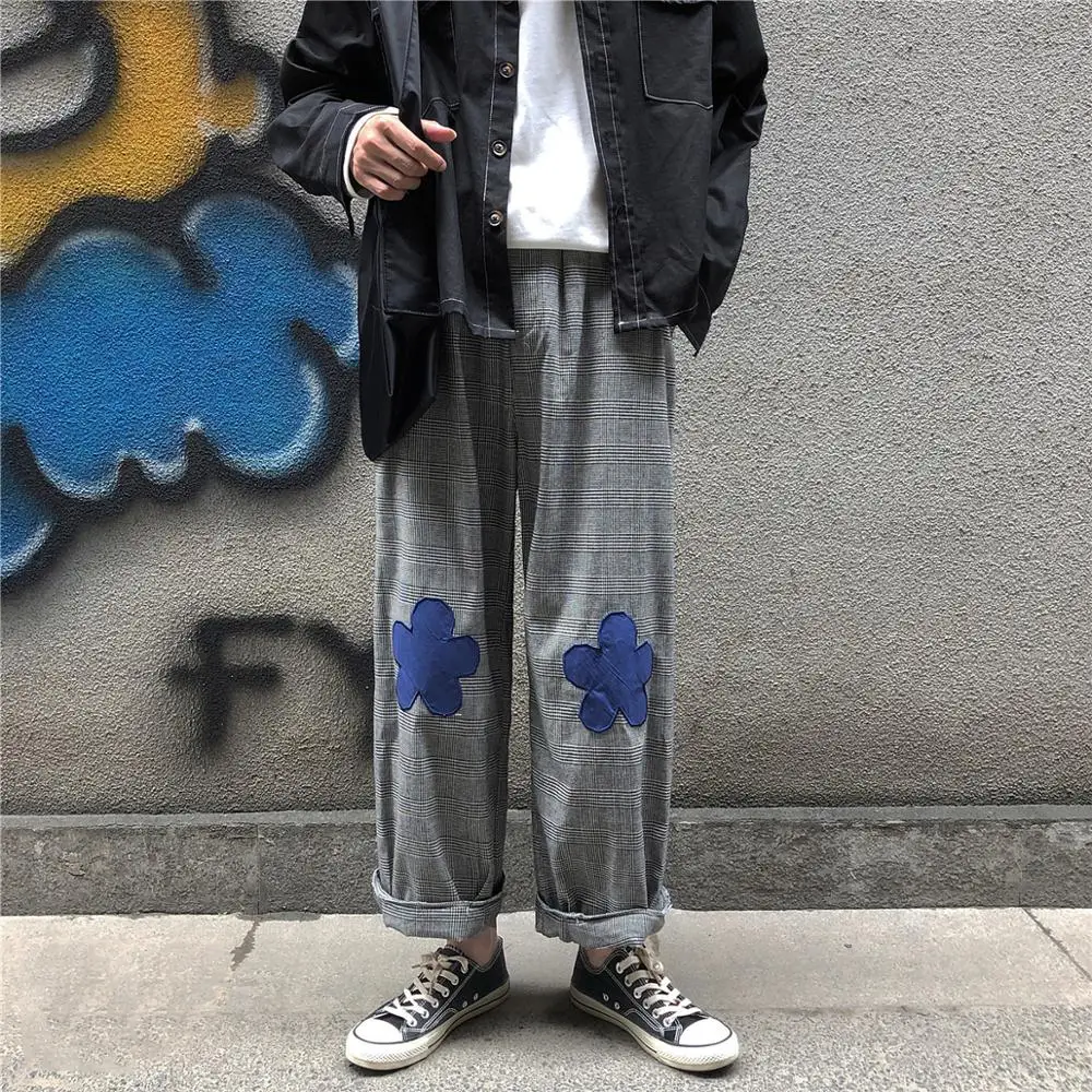 2020 мужские широкие брюки с вышитым цветочным принтом повседневные в клетку для