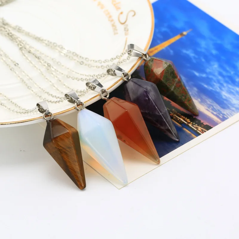 2019 Natural Stone Quartz Pendants Necklaces Crystal Hexagonal Pointed Pendant Silver Color Necklace Jewelry For Women |