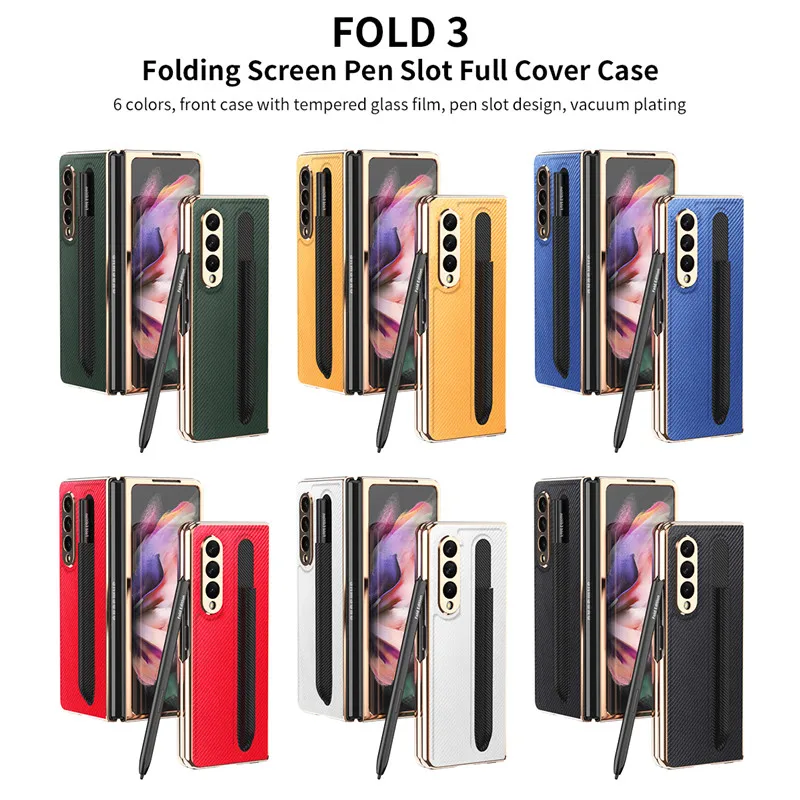 plating frame leather pen holder slot case for samsung galaxy z fold 3 5g phone cover 360 full protection front glass film case free global shipping