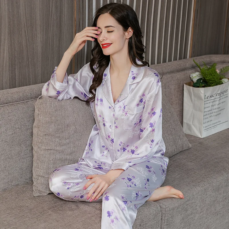 

Women's Pajamas 100% Mulberry Silk Spring Autumn Plus Size Sleepwear Suit 2 PCS Long-Sleeved Silk Homewear Sexy Pajamas Set 2021