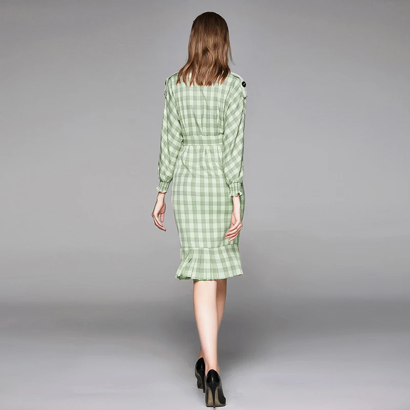 

Runway Sheath Mermaid Women Dress Autumn Winter Plaid Ruffles Double Breasted Bodycon Dress Formal bow waist Dress