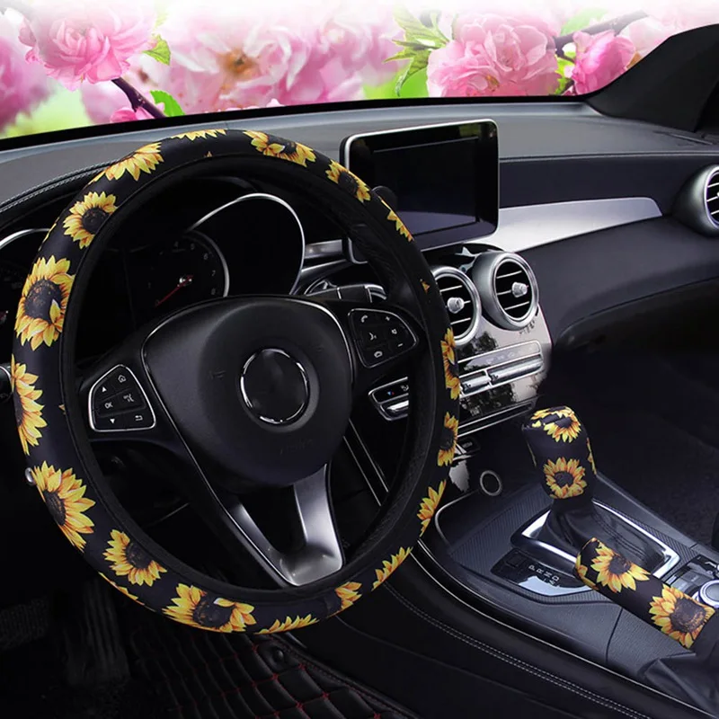 

Car Interior Steering Wheel Handbrake Sleeve Gearshift Cover Replacement Sunflower Print Suit Stylish Comfortable