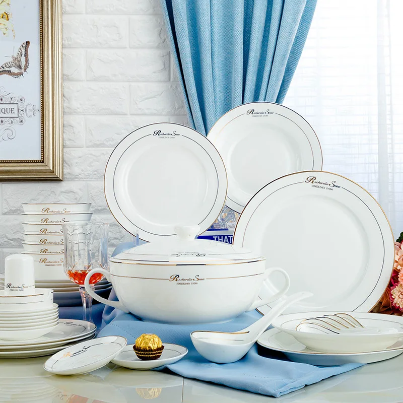 

Набор посуды из костяного фарфора, тарелки, керамика Цзиндэчжэнь, европейский стиль, 56 шт., золотой, английский