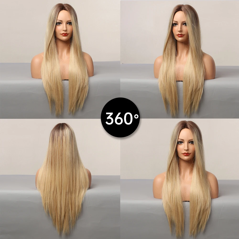 GEMMA Long Straight Natural Middle Part Wig Ombre Brown Blonde Golden Heat Resistant Synthetic Wigs for Women Cosplay Party Hair