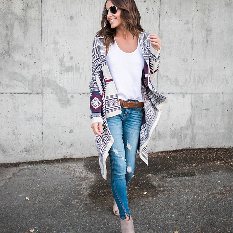 Женский вязаный кардиган длинные свитера в народном стиле повседневный