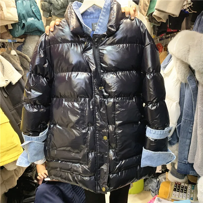 

Denim Splice Cotton Padded Jacket Women Winter Loose Lace-up Lapel Bright Leather Coat Thick Warm Fake Two Piece Coats