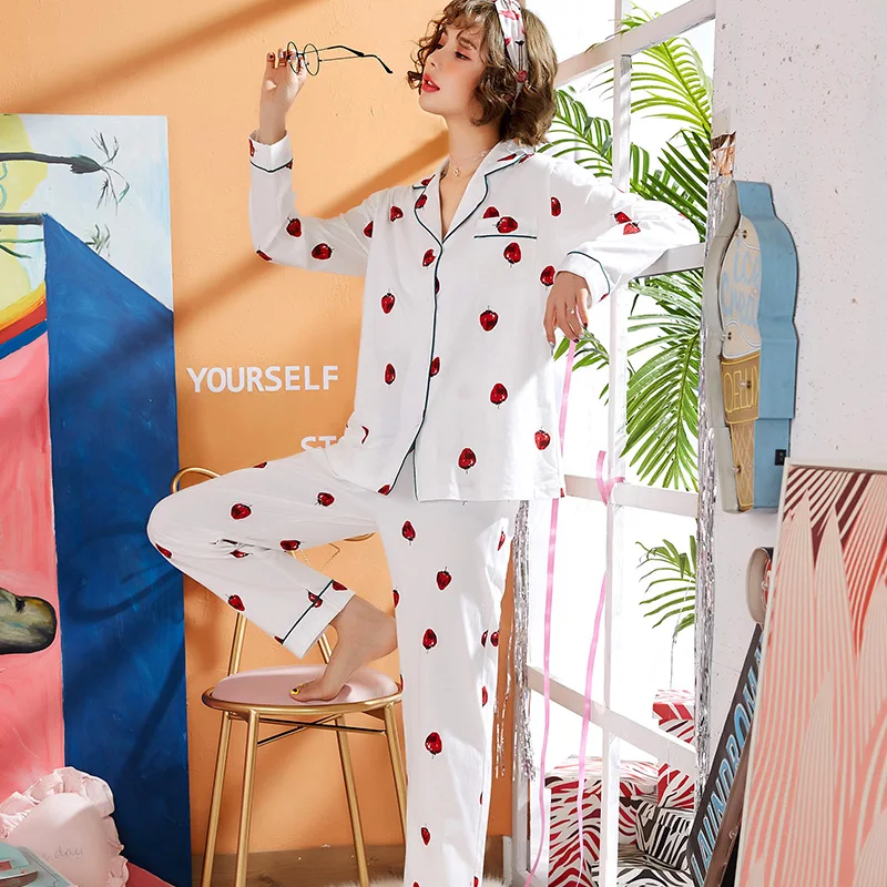 Весенне-осенняя Хлопковая пижама с клубничкой и штаны длинным рукавом милый