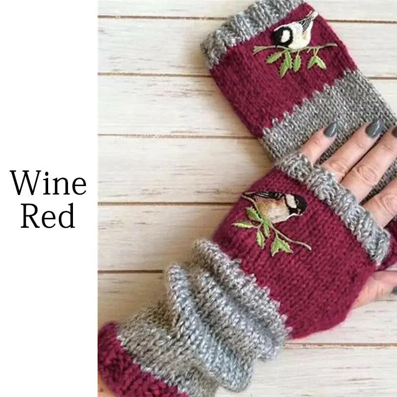 

NEW Fashion Warm Stitching Embroidered Gloves Women Fingerless Gloves Knitted