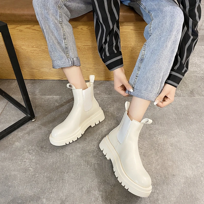 

Platform Boots Ladies Shoes Black Beige Round Toe High/Low Top Pu Upper Thick Sole Slip On All-match Fashionable Chelsea Boots