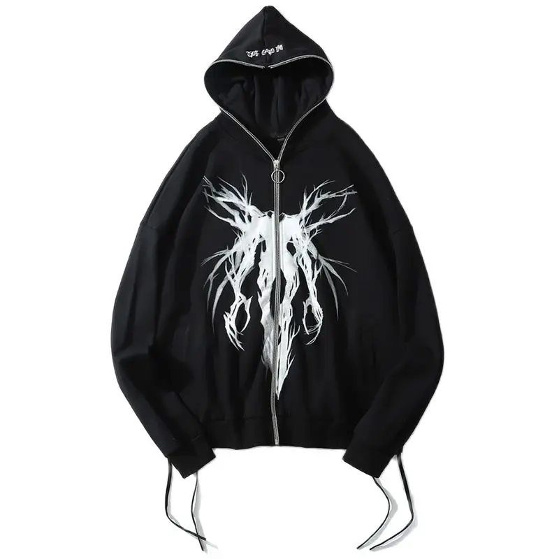 

Punk Graphic Print Zipper Ribbon Hooded Hoodie Men Casual Black Cool Oversize Coat Fashion Sweatshirt Streetwear Autumn