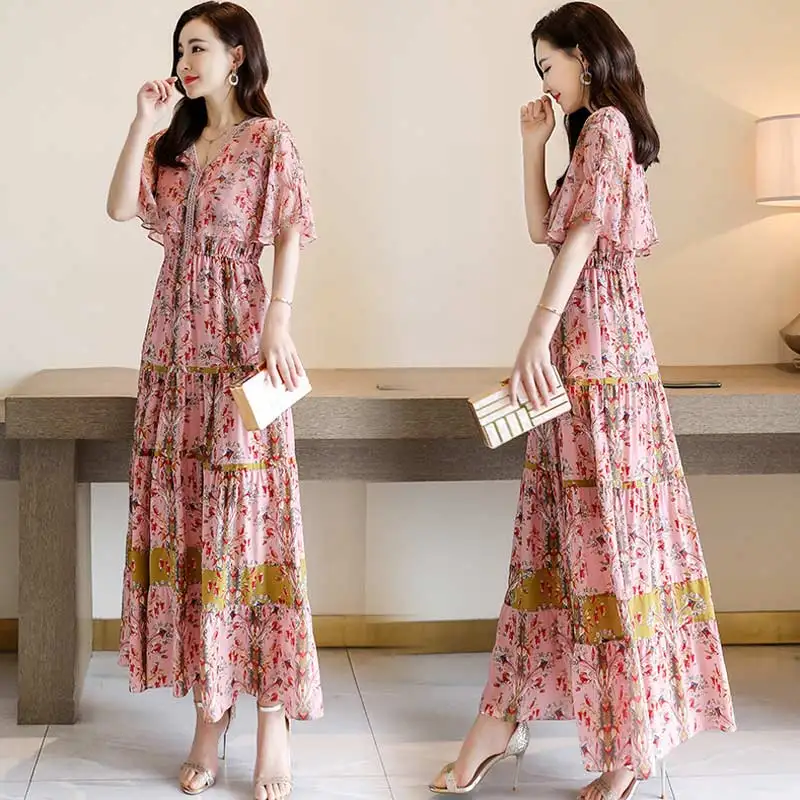 Floral 2020 Summer Silk Chiffon Boho Dress Beach Korean Dresses for Women Party Fashion Vestidos XX0099 | Женская одежда