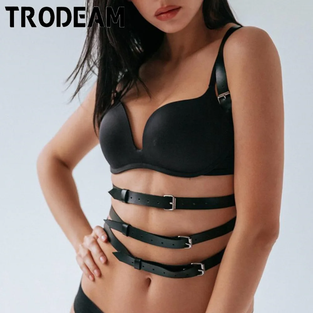 TRODEAM Leather Harness Body Sexy Sets Bdsm Lingerie Sexy Women Gothic High Waist Belts Stockings Body Bondage Thigh Harness Leg