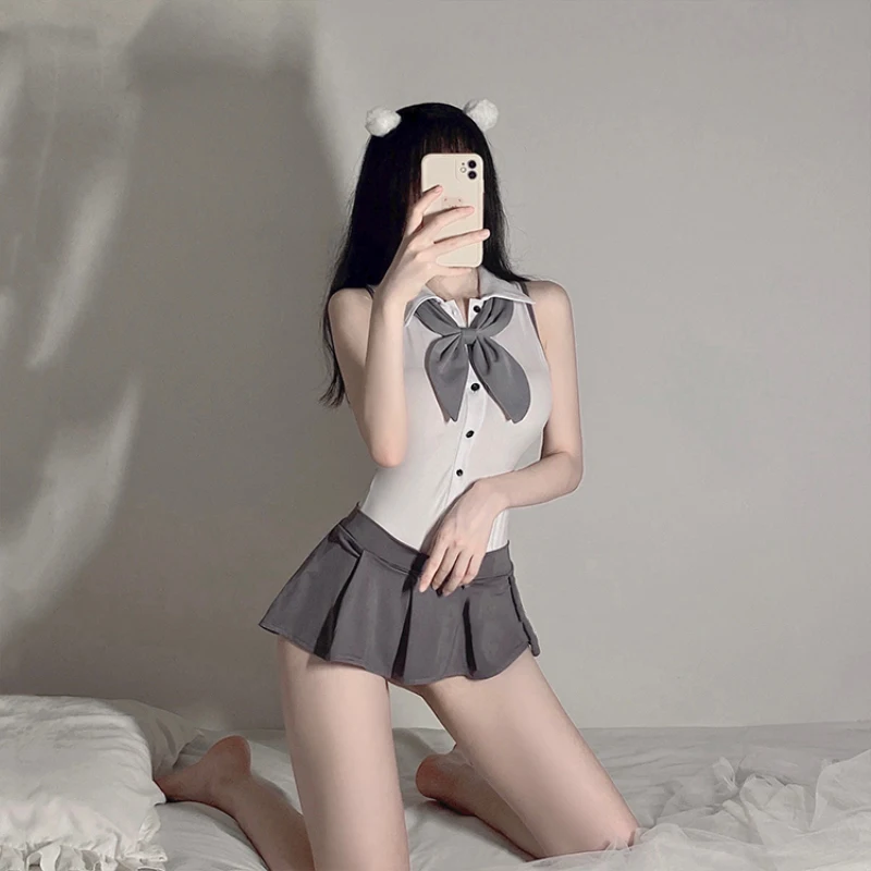 Женское Ажурное боди с бантом и открытой спиной плиссированная Милая Мини-юбка