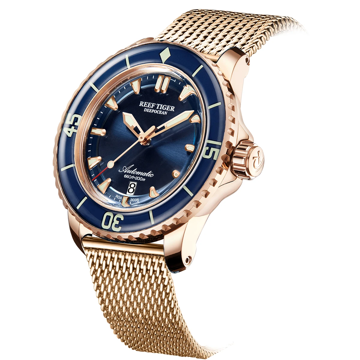

Reef Tiger/RT Men Designer Diver Watch Luxury Rose Gold Automatic Watch Sapphire Crystal Luminous Ceramic Sport Watch RGA3035