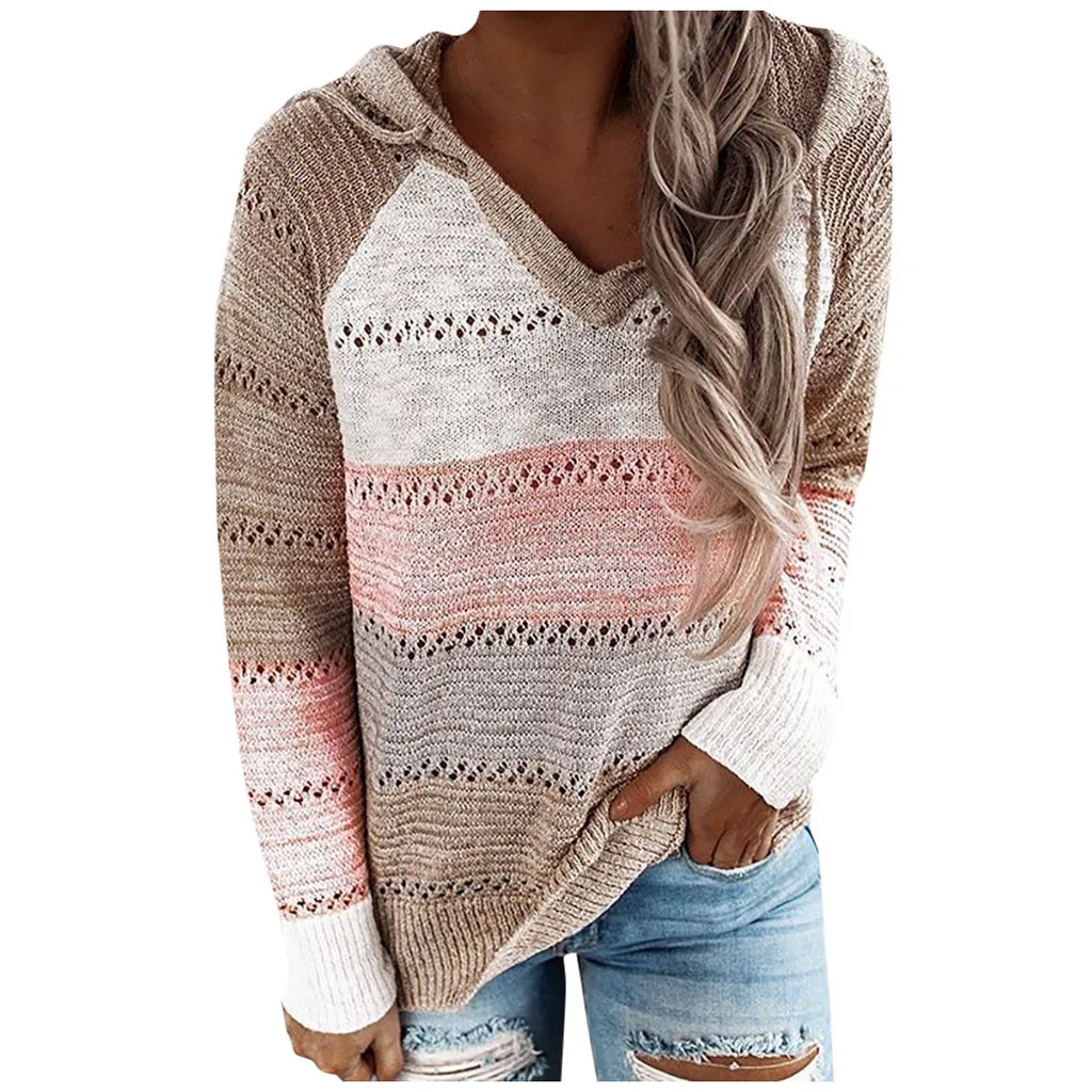 

Fashion Women Hooded V-neck Long Sleeves Sweater Blouse Tops Knitted Hooded Sweatshirts Female Casual Loose Striped Tops