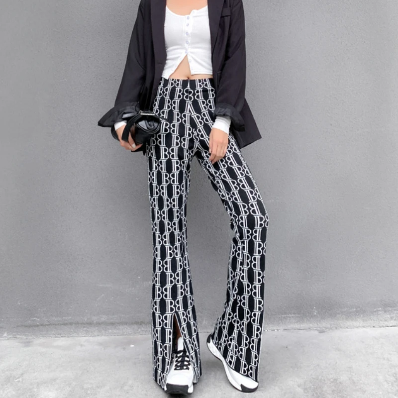 

Женские расклешенные трикотажные брюки с надписью, зимние плотные шерстяные трикотажные брюки с геометрическим узором и разрезом