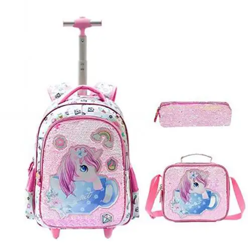 "Школьный рюкзак на колесиках с блестками для девочек"