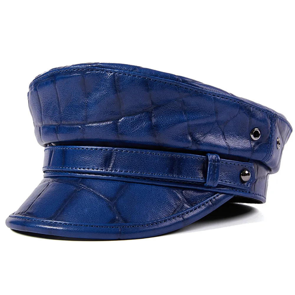 

Military Hat Men Women Genuine Leather Real Sheepskin Royal Blue Male Female Beret 2021 New Autumn Winter Sailor Hat