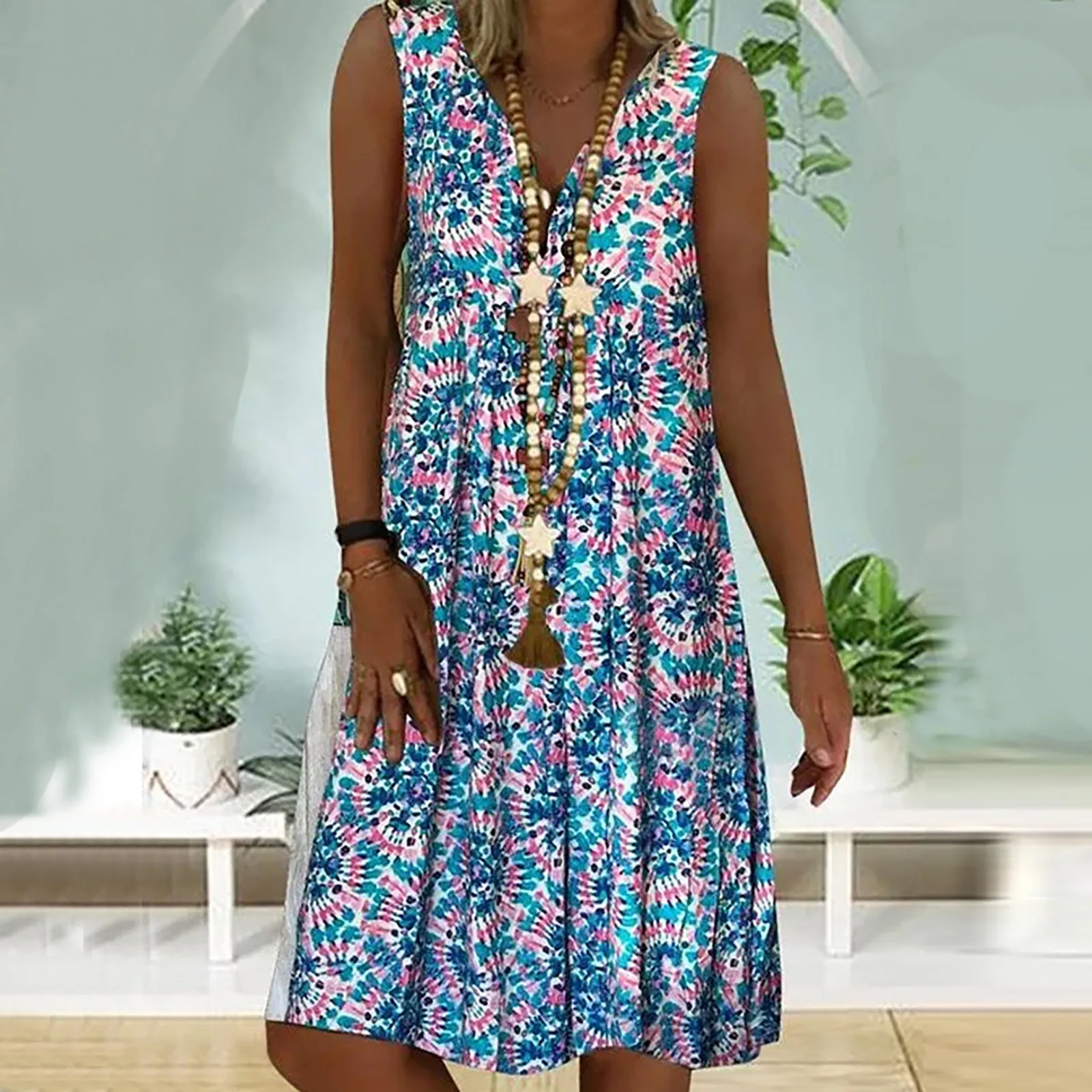 

Summer Women Floral Midi Dress Beach Dresses Sleevelesss Casual Print Midi Sundress 2021 Summer Vacation Clothes For Women