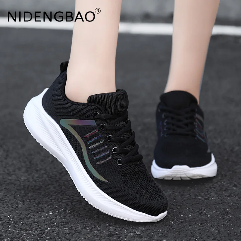 Running Shoes For Women 2021 Fashion Reflective Sneakers Fly Woven Breathable Lightweight Marathon Athletic Trainers Size 35-42
