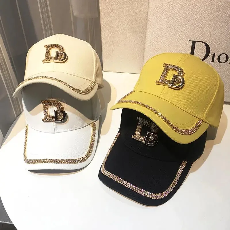 2021 New Letter D Baseball Caps Rhinestone Cotton Snap Back Women's Cap Hip Hop Cap Adjustable Hats for Women Baseball Caps