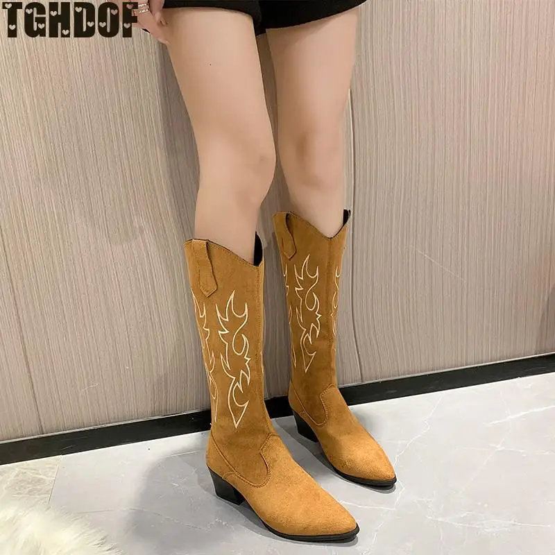 Женские ковбойские ботинки с острым носком и вышивкой 2021 повседневные длинные на
