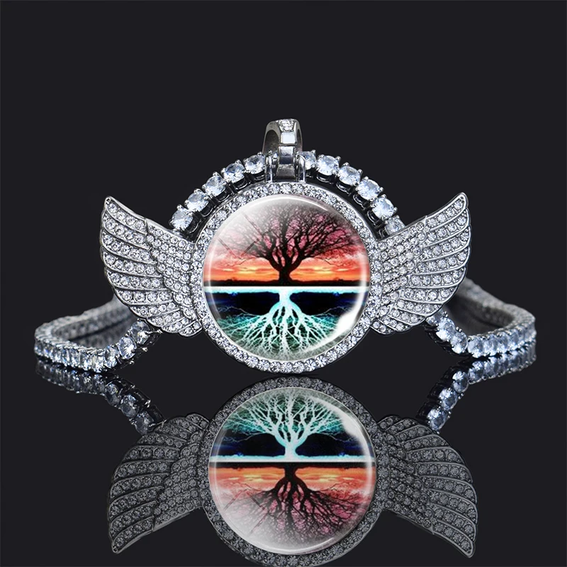 

New Tree of Life Angel Wings Silver Color Necklace Cubic Zirconia Jewelry Pendant Fashion Men Women Exquisite Accessories Gifts
