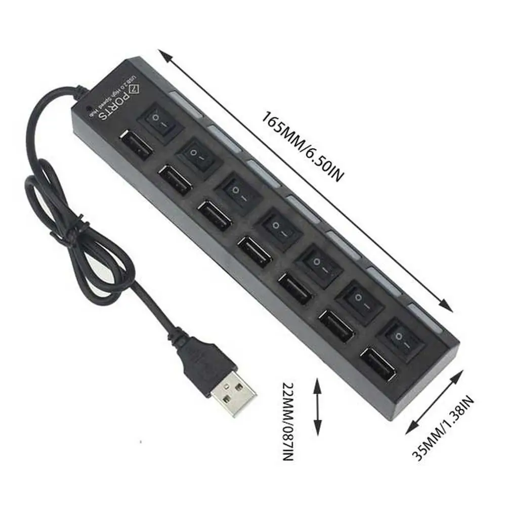 

7 Ports USB2.0 Adapter Hub Power on/off Switch with LED Indicator Plug & Play High Speed USB Hub Portable For PC Laptop