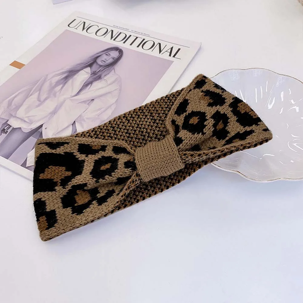 Леопардовая повязка на голову с бантом модные зимние теплые трикотажные повязки